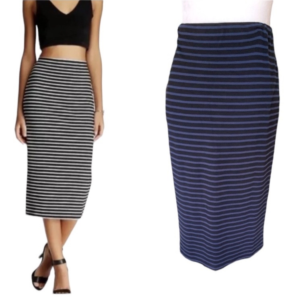 Sanctuary Blue & Black Striped Knit Slip Midi Tube Pencil Skirt - S